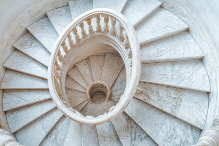 A beautifully crafted spiral staircase is shown from an overhead perspective.の素材
