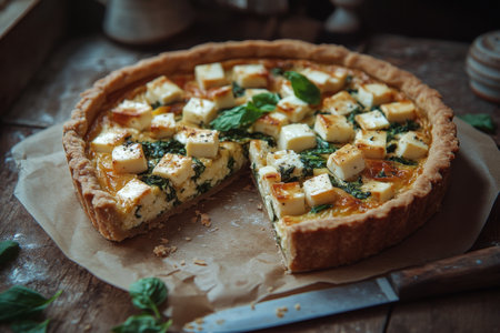 A delicious savory tart featuring a golden crust filled with spinach and cheese squares. The dish is freshly baked, sitting on brown parchment paper with a slice removed, showing its interior.の素材