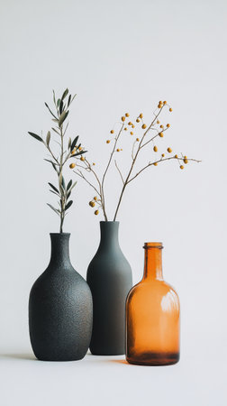 Two elegantly shaped vases sit on a surface, one in orange and the other in black. Olive branches are artistically arranged in the vases, beautifully illuminated by natural sunlight.の素材