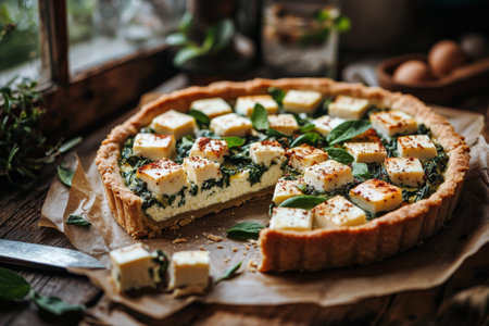 A delicious savory tart featuring a golden crust filled with spinach and cheese squares. The dish is freshly baked, sitting on brown parchment paper with a slice removed, showing its interior.の素材