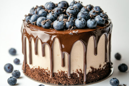 A rich chocolate cake sits on a white surface, adorned with dripping chocolate ganache and a generous layer of fresh blueberries. The dessert looks tempting and inviting, perfect for any occasion.の素材