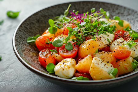 A vibrant bowl filled with various pasta shapes mixed with juicy cherry tomatoes, creamy mozzarella balls, and fresh herbs. The dish is set against a dark, textured surface, enhancing its colors.の素材