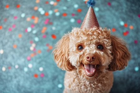 A party hat lies on a vibrant blue surface, surrounded by a mix of colorful confetti. The setting suggests a joyful celebration, perfect for birthdays or special events.の素材