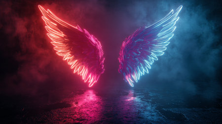 Shimmering angelic wings glow with pink and blue hues against a dark backdrop. The vibrant light reflects off a serene surface, creating an enchanting atmosphere at dusk.の素材