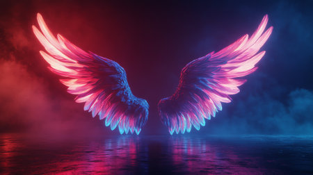 Shimmering angelic wings glow with pink and blue hues against a dark backdrop. The vibrant light reflects off a serene surface, creating an enchanting atmosphere at dusk.の素材