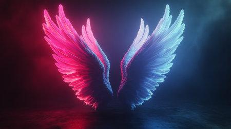 Shimmering angelic wings glow with pink and blue hues against a dark backdrop. The vibrant light reflects off a serene surface, creating an enchanting atmosphere at dusk.の素材