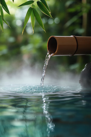 A bamboo spout gracefully pours water into a calm blue pond, surrounded by verdant foliage. The peaceful setting creates a relaxing atmosphere, inviting tranquility and reflection.の素材