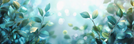 Fresh green leaves create a natural border around the soft light filtering through a peaceful outdoor environment. The scene evokes tranquility and a connection to nature.の素材
