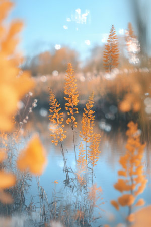 Tall golden grass reaches towards the bright blue sky, swaying softly in the wind during a calm late afternoon. The warm sunlight illuminates the delicate textures of each blade.の素材