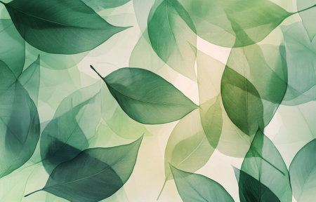 A collection of translucent green leaves arranged in various sizes and shapes, layered over a light backdrop, creating a calming and organic visual effect. The arrangement emphasizes natures beauty.の素材