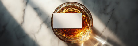 This setting features a crystal glass filled with a rich amber liquid placed on a marbled surface. Sunlight casts a gentle glow, enhancing the warm hues and creating a serene atmosphere.の素材