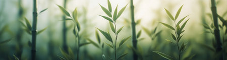 Bamboo leaves gracefully sway in a peaceful forest setting as sunlight filters through the canopy, creating a serene atmosphere. The vibrant greenery captures the essence of natures beauty.の素材