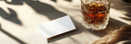 This setting features a crystal glass filled with a rich amber liquid placed on a marbled surface. Sunlight casts a gentle glow, enhancing the warm hues and creating a serene atmosphere.の素材