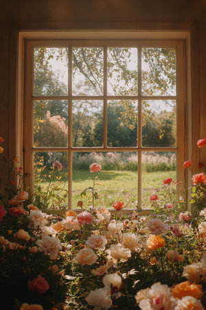 Sunlight filters through an open window, illuminating a vibrant garden filled with blooming flowers. The lush greenery and distant trees create a serene and peaceful atmosphere.の素材