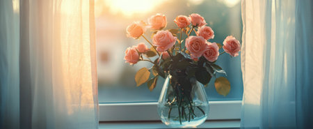 A clear glass vase holds a bouquet of fresh peach roses, gently illuminated by sunlight filtering through sheer curtains. The warm light enhances the beauty of the flowers as they sit on a windowsill.の素材
