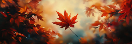 Golden sunlight filters through the trees, illuminating a single leaf among vibrant autumn foliage. The warm hues create a tranquil atmosphere in the forest.の素材