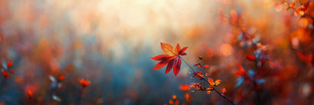 Golden sunlight filters through the trees, illuminating a single leaf among vibrant autumn foliage. The warm hues create a tranquil atmosphere in the forest.の素材