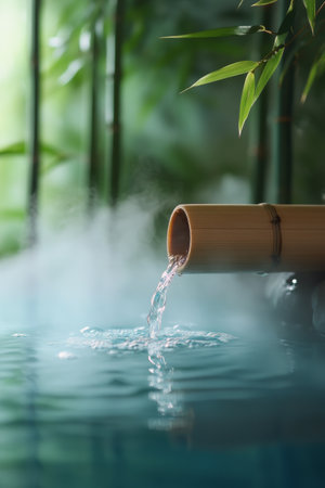A bamboo spout gracefully pours water into a calm blue pond, surrounded by verdant foliage. The peaceful setting creates a relaxing atmosphere, inviting tranquility and reflection.の素材