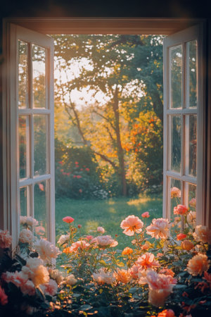 Sunlight filters through an open window, illuminating a vibrant garden filled with blooming flowers. The lush greenery and distant trees create a serene and peaceful atmosphere.の素材