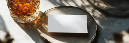 This setting features a crystal glass filled with a rich amber liquid placed on a marbled surface. Sunlight casts a gentle glow, enhancing the warm hues and creating a serene atmosphere.の素材