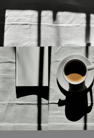A small white cup filled with coffee rests on a round saucer, accompanied by a blank notebook. Sunlight streams through, creating soft shadows on the table surface.の素材