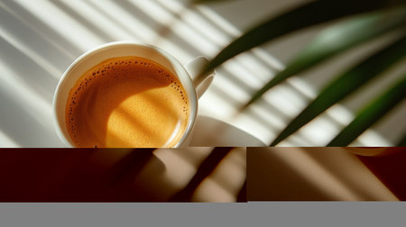 A warm cup of latte with intricate milk art sits beside a neatly arranged stack of blank papers. Sunlight casts soft shadows across the surface, creating a tranquil atmosphere.の素材