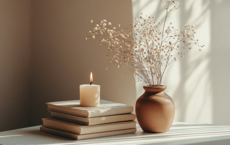 A warm candle sits atop stacked books, surrounded by a small vase of dried flowers. Gentle smoke rises from the candle, enhancing the tranquil ambiance of the indoor space, perfect for relaxation.の素材