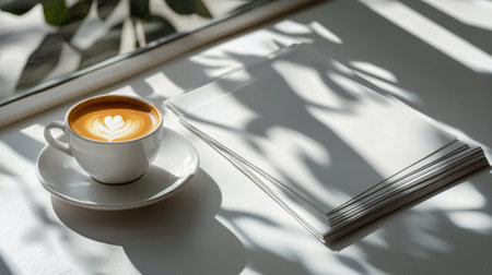 A warm cup of latte with intricate milk art sits beside a neatly arranged stack of blank papers. Sunlight casts soft shadows across the surface, creating a tranquil atmosphere.の素材