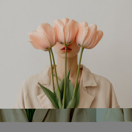 A person stands indoors, covered partially by a light beige hoodie, holding a bouquet of pink tulips. The soft pastel colors create a calm and serene atmosphere.の素材