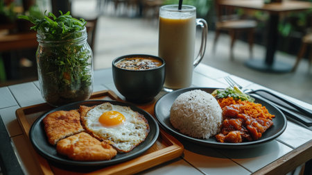 A hearty breakfast includes two plates with fluffy rice, fried eggs, crispy chicken, and fresh vegetables, accompanied by coffee and a plant centerpiece at a cheerful cafe.の素材