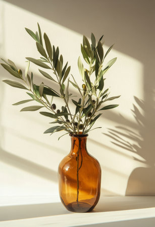 A brown glass vase holds olive branches, creating a serene atmosphere. Soft light filters through, casting delicate shadows on a light colored surface, enhancing the tranquil ambiance.の素材