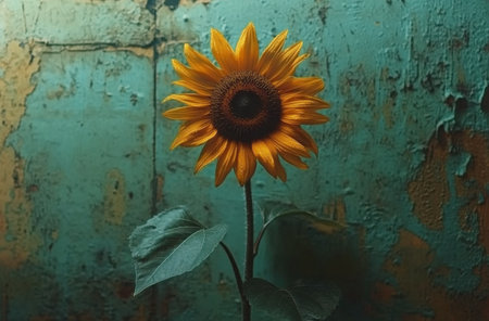 A vibrant sunflower stands proudly, its golden petals radiating against a weathered green backdrop. The striking combination highlights the flowers intricate details and organic beauty.の素材