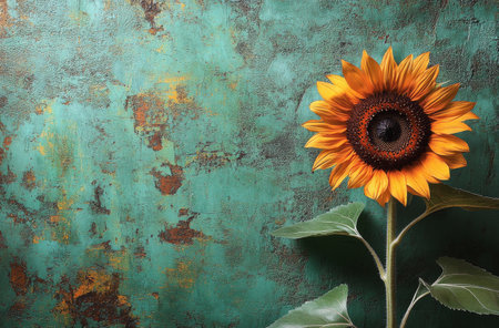 A vibrant sunflower stands proudly, its golden petals radiating against a weathered green backdrop. The striking combination highlights the flowers intricate details and organic beauty.の素材