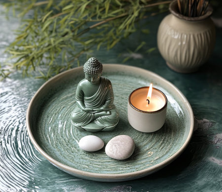 A serene Buddha sculpture sits amidst bamboo, with incense gently releasing smoke and stones arranged thoughtfully on a wooden surface by calm water, creating a peaceful setting for reflection.の素材