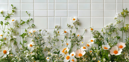 Various fresh herbs and flowers are artistically arranged around two cosmetic bottles on a clean white tiled surface, creating a serene and natural appearance ideal for pampering.の素材