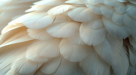 A collection of delicate feathers is neatly lined up, showing a beautiful gradient of beige and white hues. The feathers vary in size and texture, creating an elegant visual display.の素材