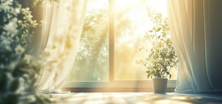 Soft sunlight filters through sheer white curtains, casting a warm glow on vibrant green plants inside a cozy room. The atmosphere feels tranquil and inviting during the morning.の素材