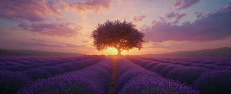 Vibrant lavender fields stretch toward the horizon under a colorful sunset. A solitary tree stands proudly in the center, silhouetted against the evening sky, creating a peaceful atmosphere.の素材