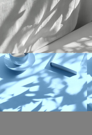 A small white cup filled with coffee rests on a round saucer, accompanied by a blank notebook. Sunlight streams through, creating soft shadows on the table surface.の素材