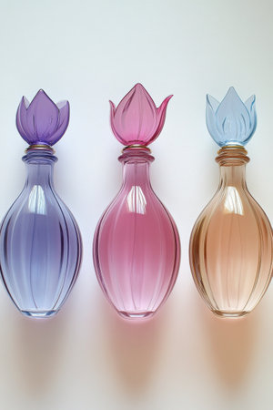Three beautifully crafted fragrance bottles showcase rich colors of orange, purple, and brown. Their elegant designs highlight the artistry of modern perfumery in a minimalist setting.の素材