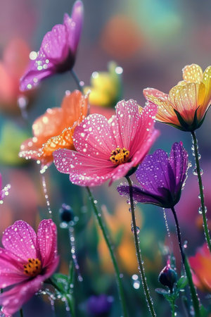 Vibrant flowers in various shades of pink, purple, and orange are glistening with raindrops under soft morning light. The garden is filled with fresh blooms, creating a cheerful atmosphere.の素材