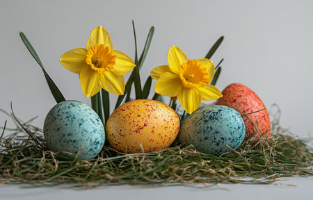 Brightly colored eggs in various patterns rest among lush green grass, surrounded by cheerful yellow daffodils, creating a joyful spring atmosphere perfect for Easter festivities.の素材