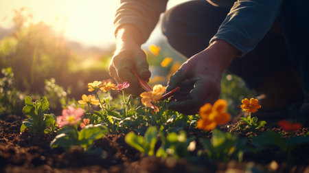 A person in gloves carefully plants flowers in a colorful garden filled with blooming blossoms under a warm sun. The scene captures the joy of gardening and nurturing natures beauty.の素材