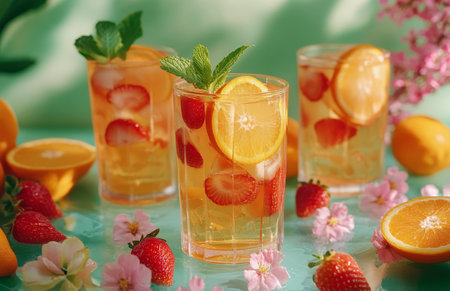 Three colorful cocktails are garnished with fresh mint, lemon, and orange slices, set against a green backdrop. Strawberries add a vibrant touch, enhancing the refreshing summer vibe.の素材