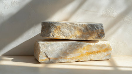 Two large natural stones rest on a light wooden surface, illuminated by soft sunlight filtering through a nearby window, showing their unique textures and colors against a neutral wall.の素材