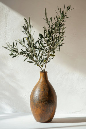 A beautifully shaped vase made of earthy material holds fresh olive branches. The natural light casts soft shadows, emphasizing the simple elegance of the arrangement in a minimalistic setting.の素材