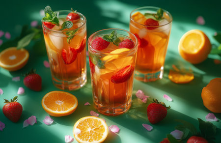 Three colorful cocktails are garnished with fresh mint, lemon, and orange slices, set against a green backdrop. Strawberries add a vibrant touch, enhancing the refreshing summer vibe.の素材