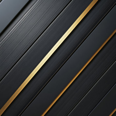 A striking pattern of black panels with sleek gold accents creates a sophisticated atmosphere in an indoor space. The geometric lines enhance the aesthetic appeal of the decor.の素材