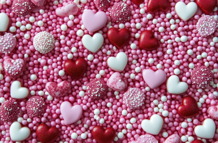 A vibrant mix of heart shaped sprinkles in shades of red, pink, and white covers a surface, perfect for decorating treats and desserts during special occasions or celebrations.の素材