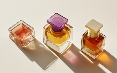 Soft sunlight illuminates three distinct perfume bottles arranged artistically on a clean surface, showing their elegant shapes and colors, creating a refined ambiance.の素材